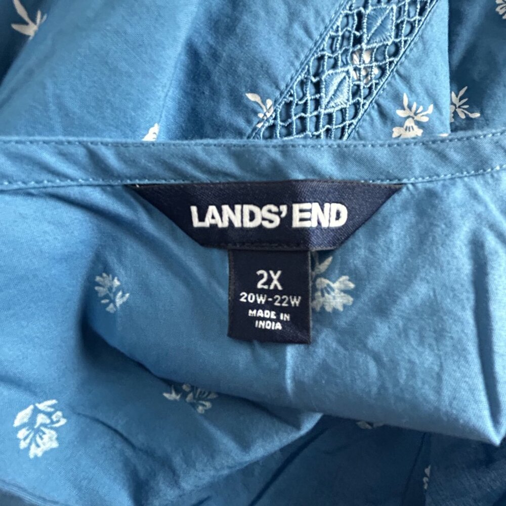 Lands End Womens 2X Blue Floral Cotton Tunic Top Lace Detail Long Sleeve NWOT - Picture 3 of 9